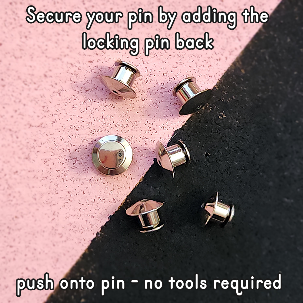 photo of locking pin backs with text secure your pin by adding the locking pin back push onto pin no tools required
